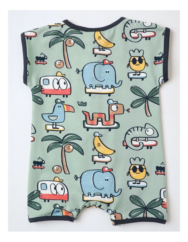 Noah Knit Short Sleeve Romper with Chambray Pocket and Placket in Green image 3
