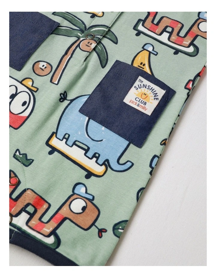 Noah Knit Short Sleeve Romper with Chambray Pocket and Placket in Green image 4