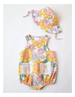 Rocky Woven Romper with Embroidered Pockets and Hat in Vintage Floral All Over Print
