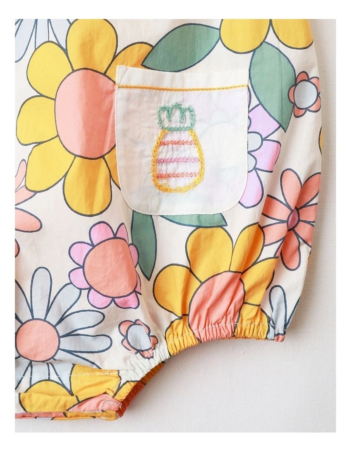 Rocky Woven Romper with Embroidered Pockets and Hat in Vintage Floral All Over Print image 2