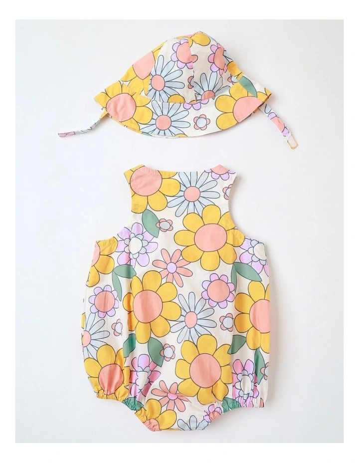 Rocky Woven Romper with Embroidered Pockets and Hat in Vintage Floral All Over Print image 3