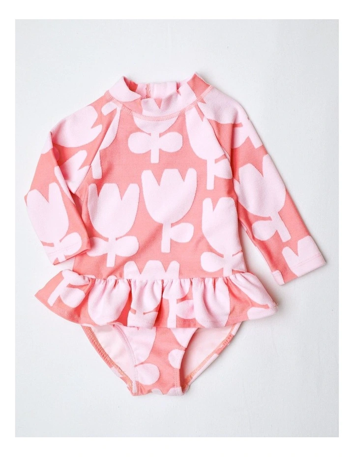 Leisal Long Sleeve One Piece Bather with Frills in Pink image 1