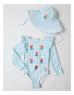 Pippa Long Sleeve Swimsuit and Hat Set with Embroidery in Blue Gingham