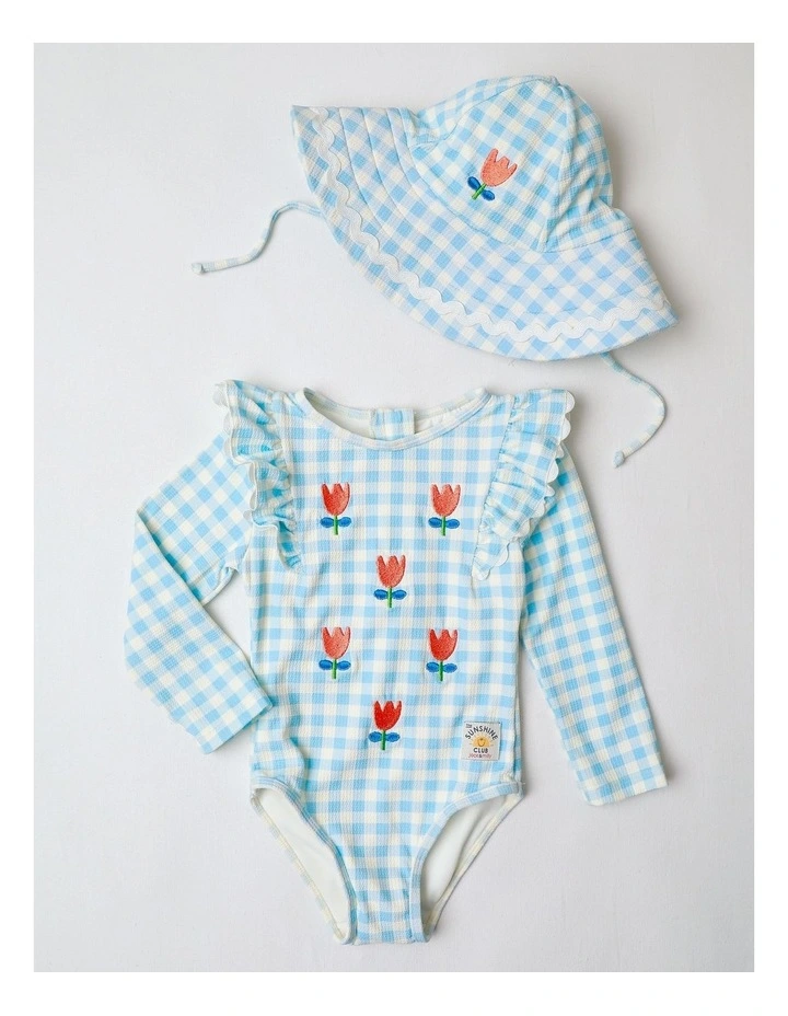 Pippa Long Sleeve Swimsuit and Hat Set with Embroidery in Blue Gingham image 1