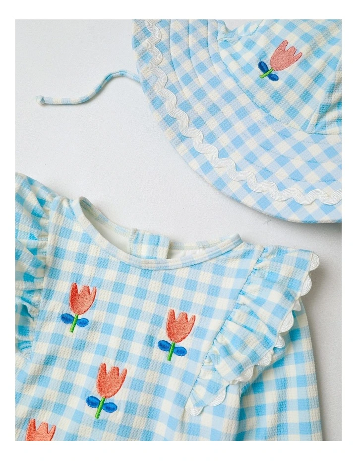 Pippa Long Sleeve Swimsuit and Hat Set with Embroidery in Blue Gingham image 2