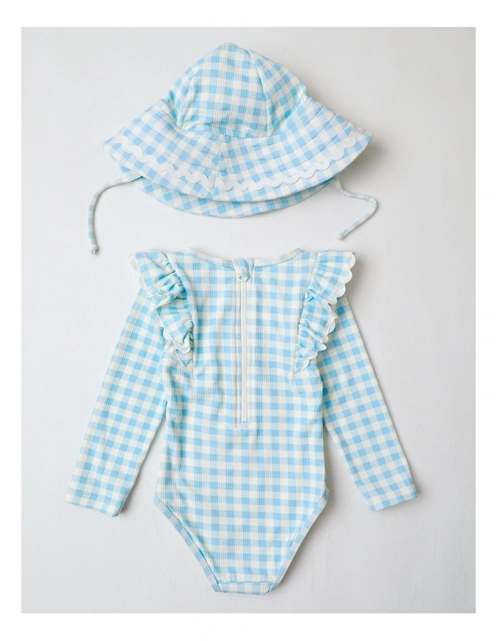 Pippa Long Sleeve Swimsuit and Hat Set with Embroidery in Blue Gingham image 3