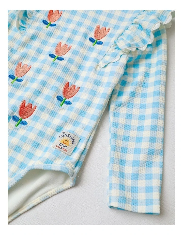 Pippa Long Sleeve Swimsuit and Hat Set with Embroidery in Blue Gingham image 4