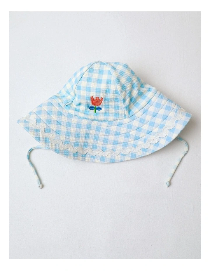 Pippa Long Sleeve Swimsuit and Hat Set with Embroidery in Blue Gingham image 5