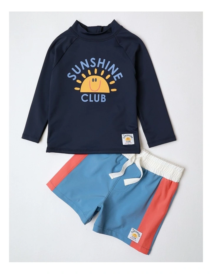Murray Long Sleeve Rash Vest and Boardshort Set in Navy Sushine image 1