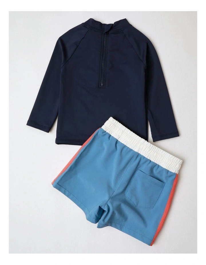 Murray Long Sleeve Rash Vest and Boardshort Set in Navy Sushine image 3