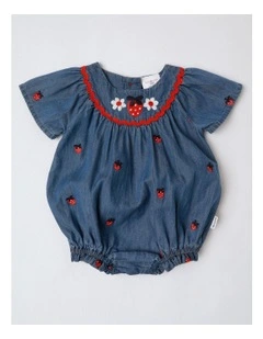 Coco Chambray Romper with Embroidered Strawberries in Denim