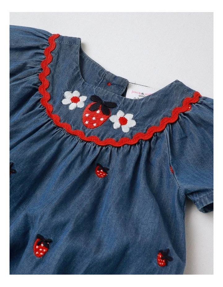 Coco Chambray Romper with Embroidered Strawberries in Denim image 2