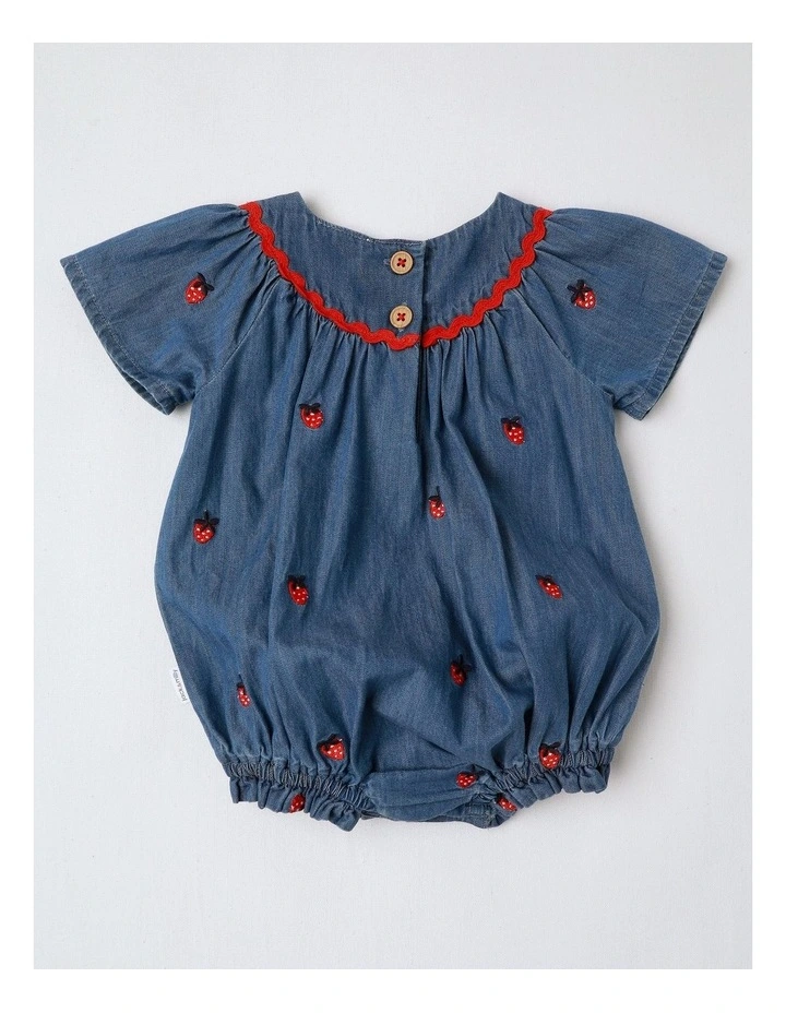 Coco Chambray Romper with Embroidered Strawberries in Denim image 3