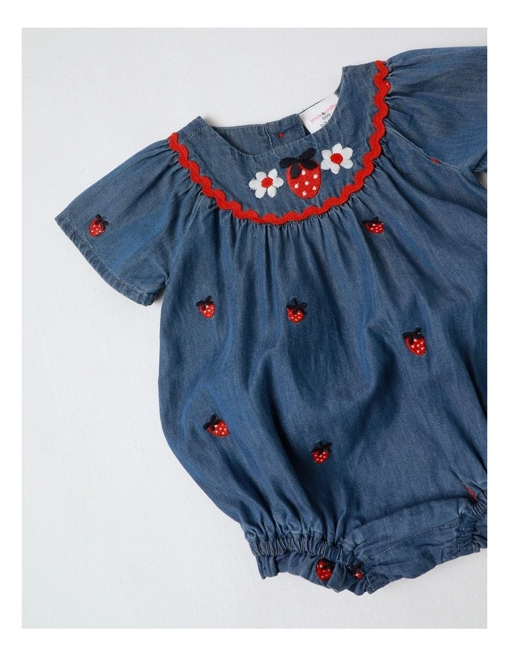 Coco Chambray Romper with Embroidered Strawberries in Denim image 4