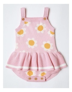 Kitty Fully Fashion Daisy Jacquard Knit Romper with Peplem in Pink