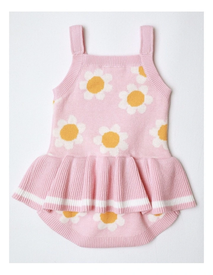 Kitty Fully Fashion Daisy Jacquard Knit Romper with Peplem in Pink image 3