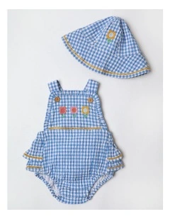 Gigi Seersucker Gingham Romper and Hat Set with Embroidery in Blue