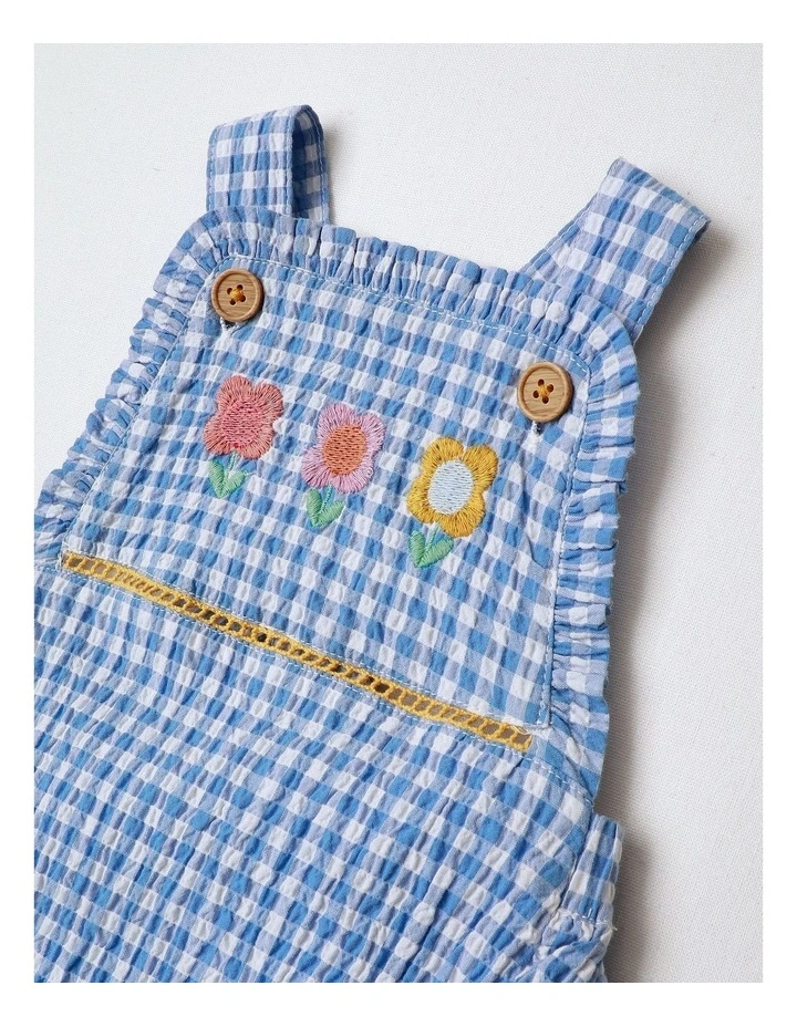 Gigi Seersucker Gingham Romper and Hat Set with Embroidery in Blue image 2