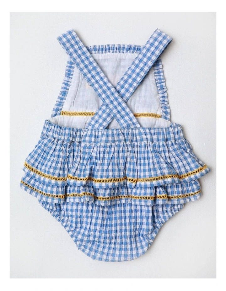 Gigi Seersucker Gingham Romper and Hat Set with Embroidery in Blue image 3
