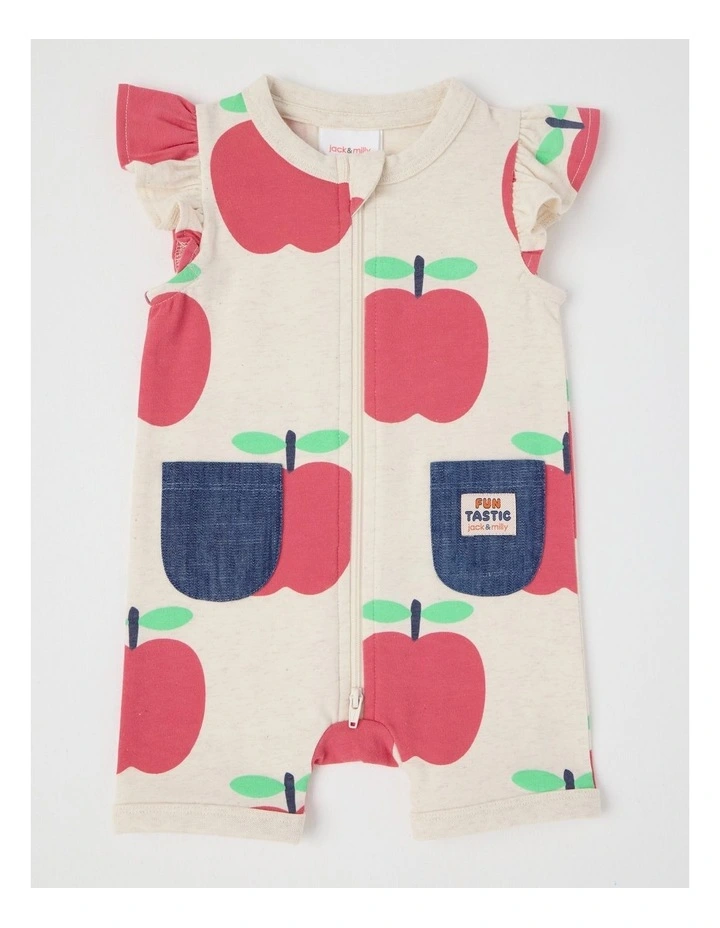 Newborn Marlow Romper with Chambray Pockets in Apples Print in Oat Marle image 1