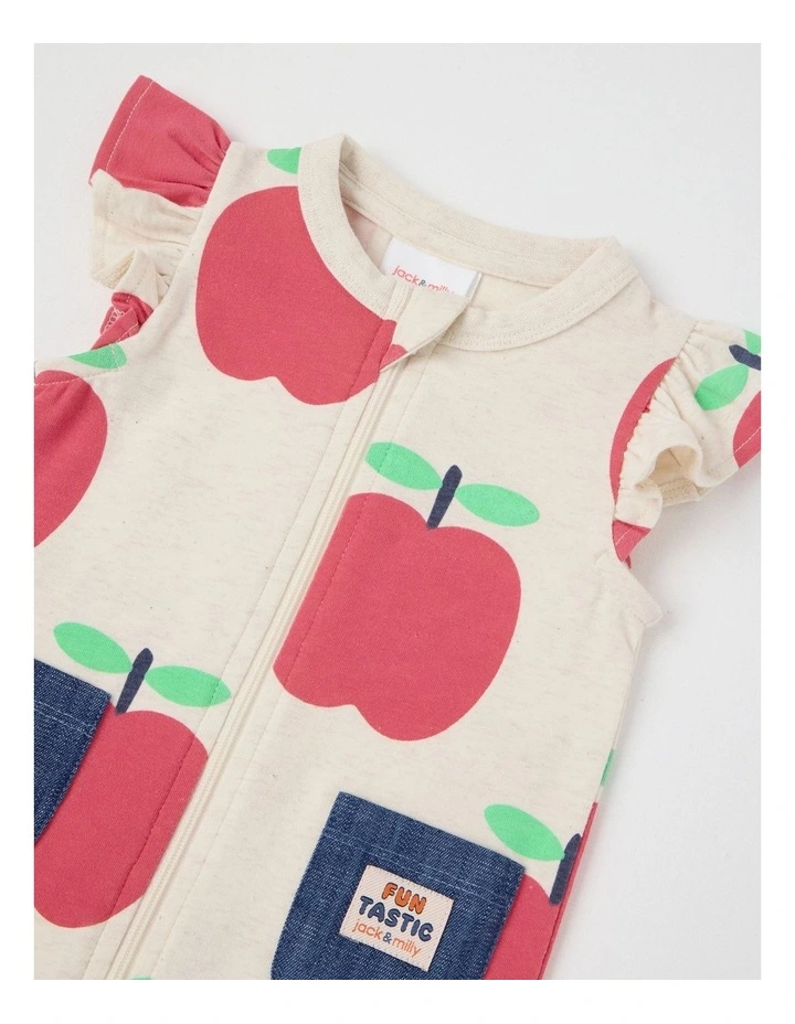Newborn Marlow Romper with Chambray Pockets in Apples Print in Oat Marle image 2