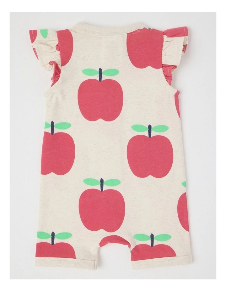 Newborn Marlow Romper with Chambray Pockets in Apples Print in Oat Marle image 3