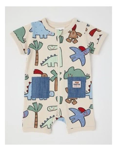 Newborn Noah Zip Front Romper with Chambray Pockets in Oatmeal