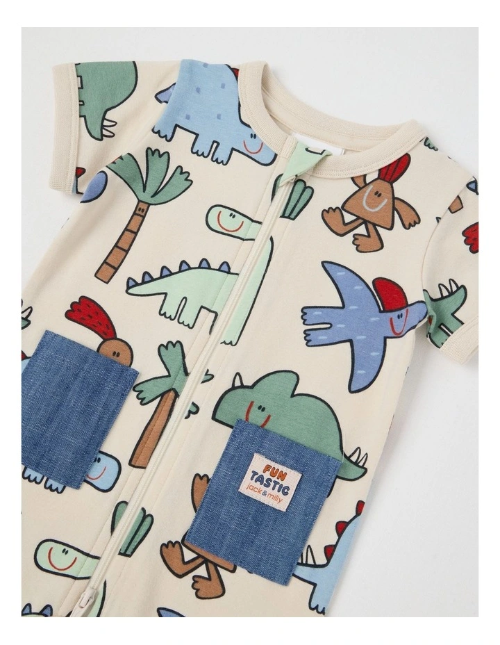 Newborn Noah Zip Front Romper with Chambray Pockets in Oatmeal image 2