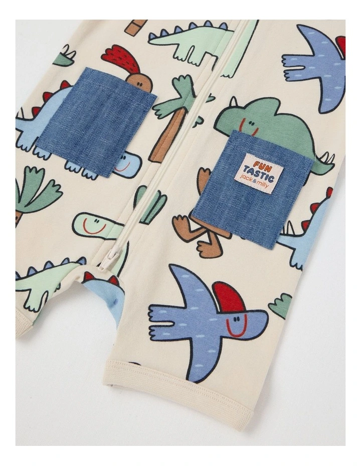 Newborn Noah Zip Front Romper with Chambray Pockets in Oatmeal image 4