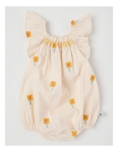 Naturals Matilda Linen Blend Romper with Daisy Embroidery in Beige