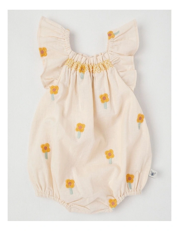 Naturals Matilda Linen Blend Romper with Daisy Embroidery in Beige image 1