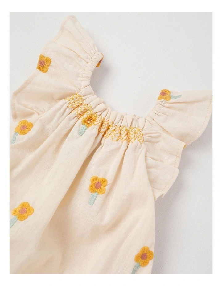 Naturals Matilda Linen Blend Romper with Daisy Embroidery in Beige image 2