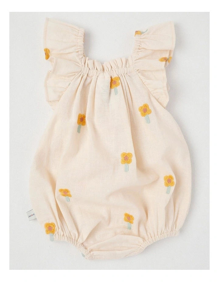Naturals Matilda Linen Blend Romper with Daisy Embroidery in Beige image 3