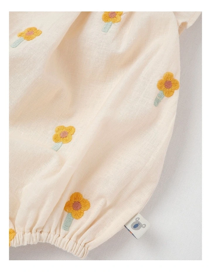 Naturals Matilda Linen Blend Romper with Daisy Embroidery in Beige image 4