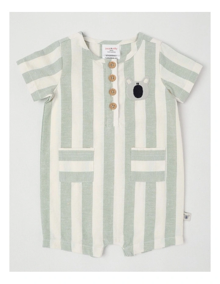 Naturals Beau Cotton Linen Romper with Koala Embroidery in Sage image 1