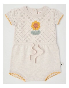 Naturals Flora Pointelle Knit Romper with Crochet Daisy in Oat Marle