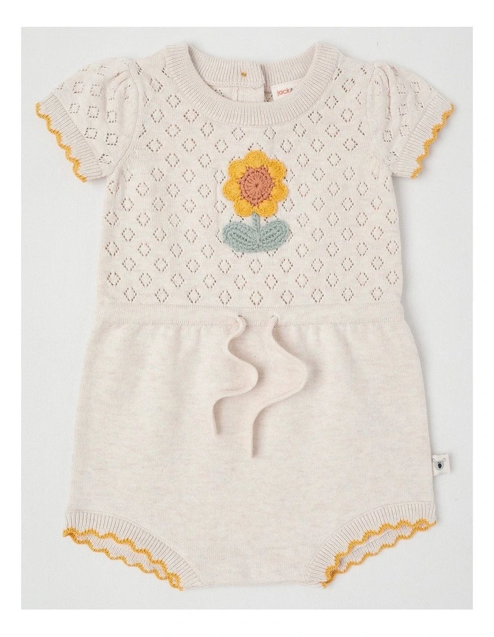 Naturals Flora Pointelle Knit Romper with Crochet Daisy in Oat Marle image 1