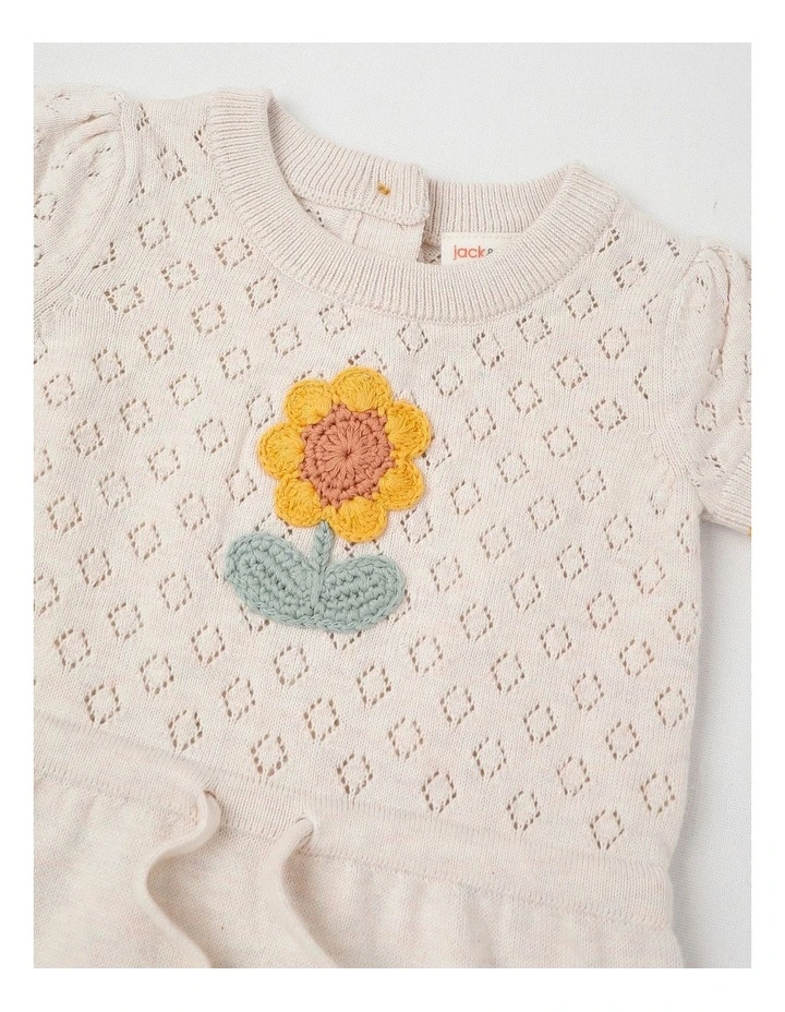 Naturals Flora Pointelle Knit Romper with Crochet Daisy in Oat Marle image 2