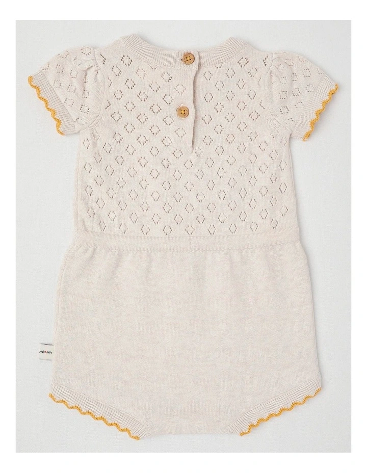 Naturals Flora Pointelle Knit Romper with Crochet Daisy in Oat Marle image 3