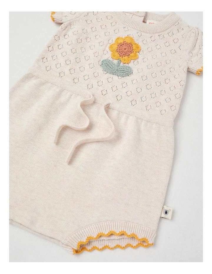 Naturals Flora Pointelle Knit Romper with Crochet Daisy in Oat Marle image 4