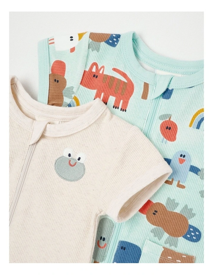Naturals River 2 Pack Romper Set with Frog Embroidery in Oat Marle image 2