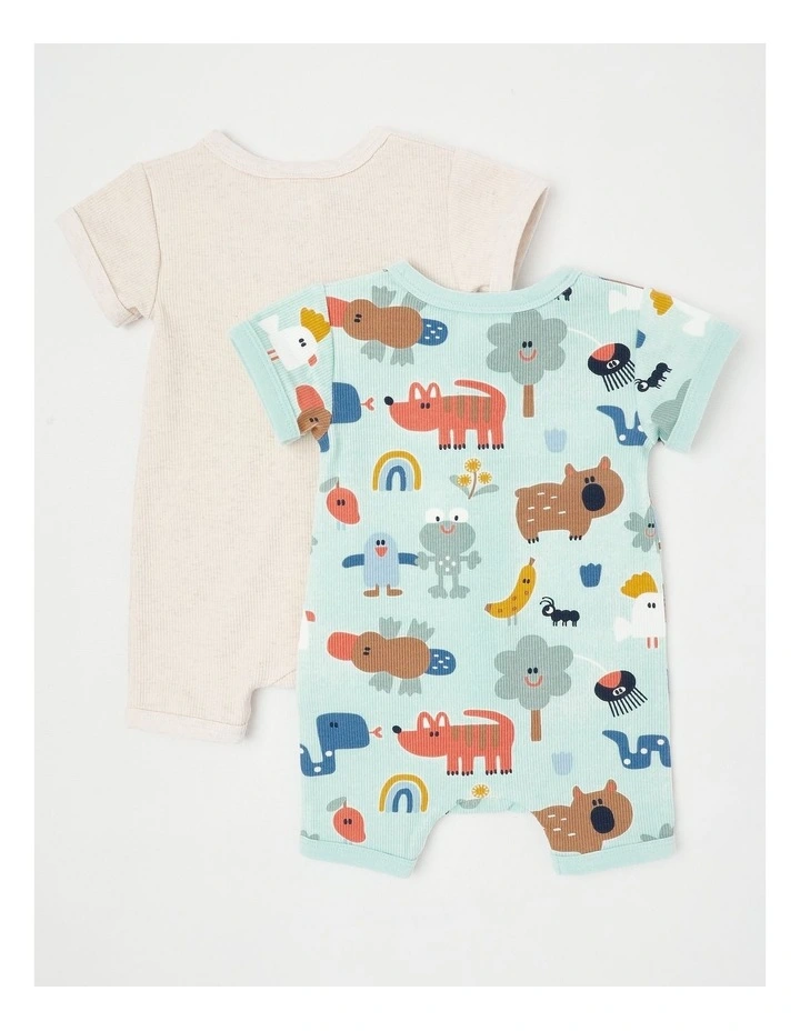 Naturals River 2 Pack Romper Set with Frog Embroidery in Oat Marle image 3
