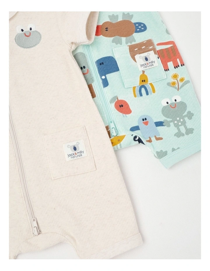 Naturals River 2 Pack Romper Set with Frog Embroidery in Oat Marle image 4