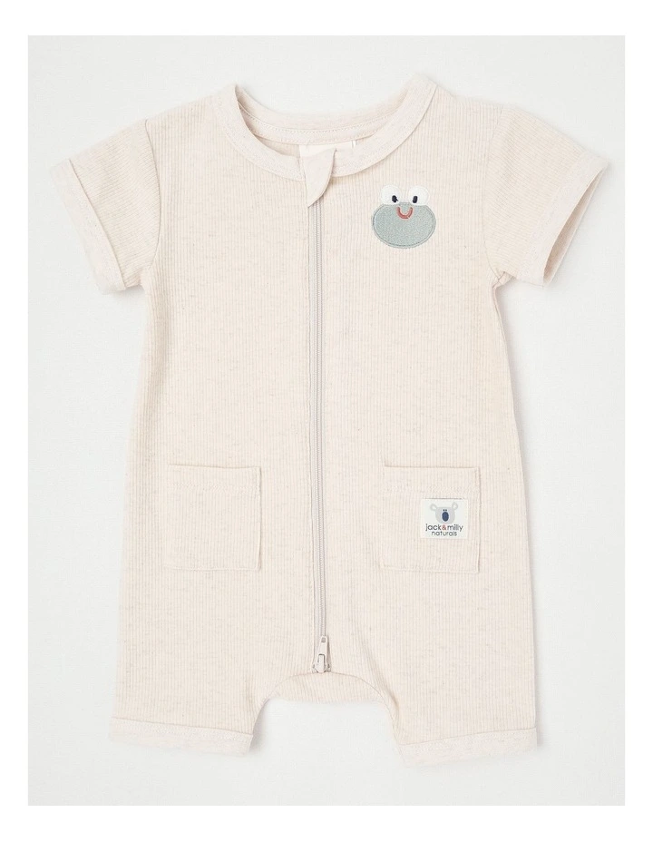 Naturals River 2 Pack Romper Set with Frog Embroidery in Oat Marle image 6