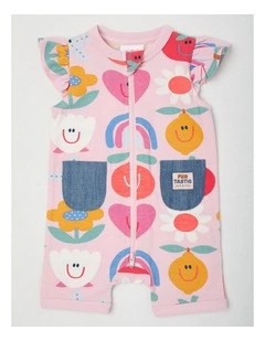 Marlow Romper with Chambray Pockets with Holidays Print in Pink