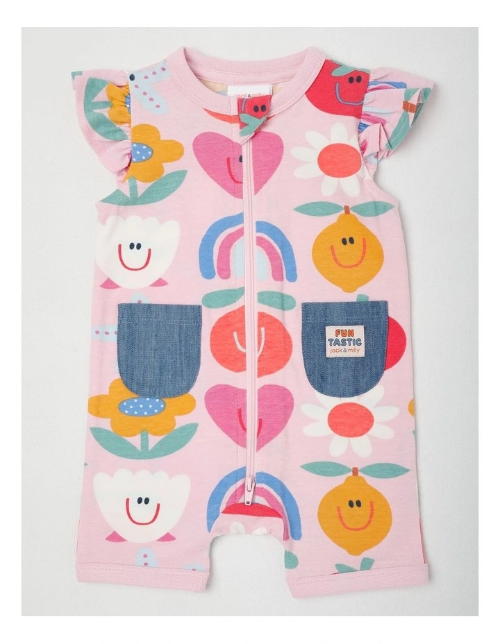Marlow Romper with Chambray Pockets with Holidays Print in Pink image 1