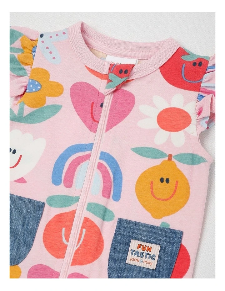 Marlow Romper with Chambray Pockets with Holidays Print in Pink image 2