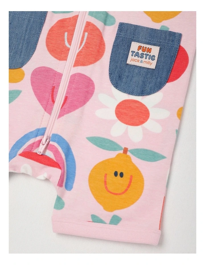Marlow Romper with Chambray Pockets with Holidays Print in Pink image 4