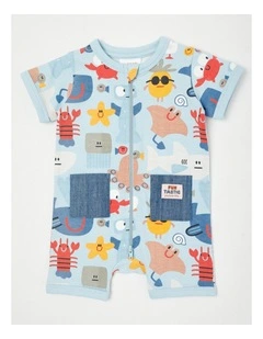 Noah Romper with Chambray Pockets with Under the Sea Print in Blue