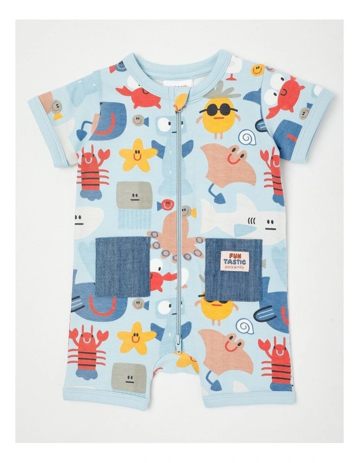 Noah Romper with Chambray Pockets with Under the Sea Print in Blue image 1